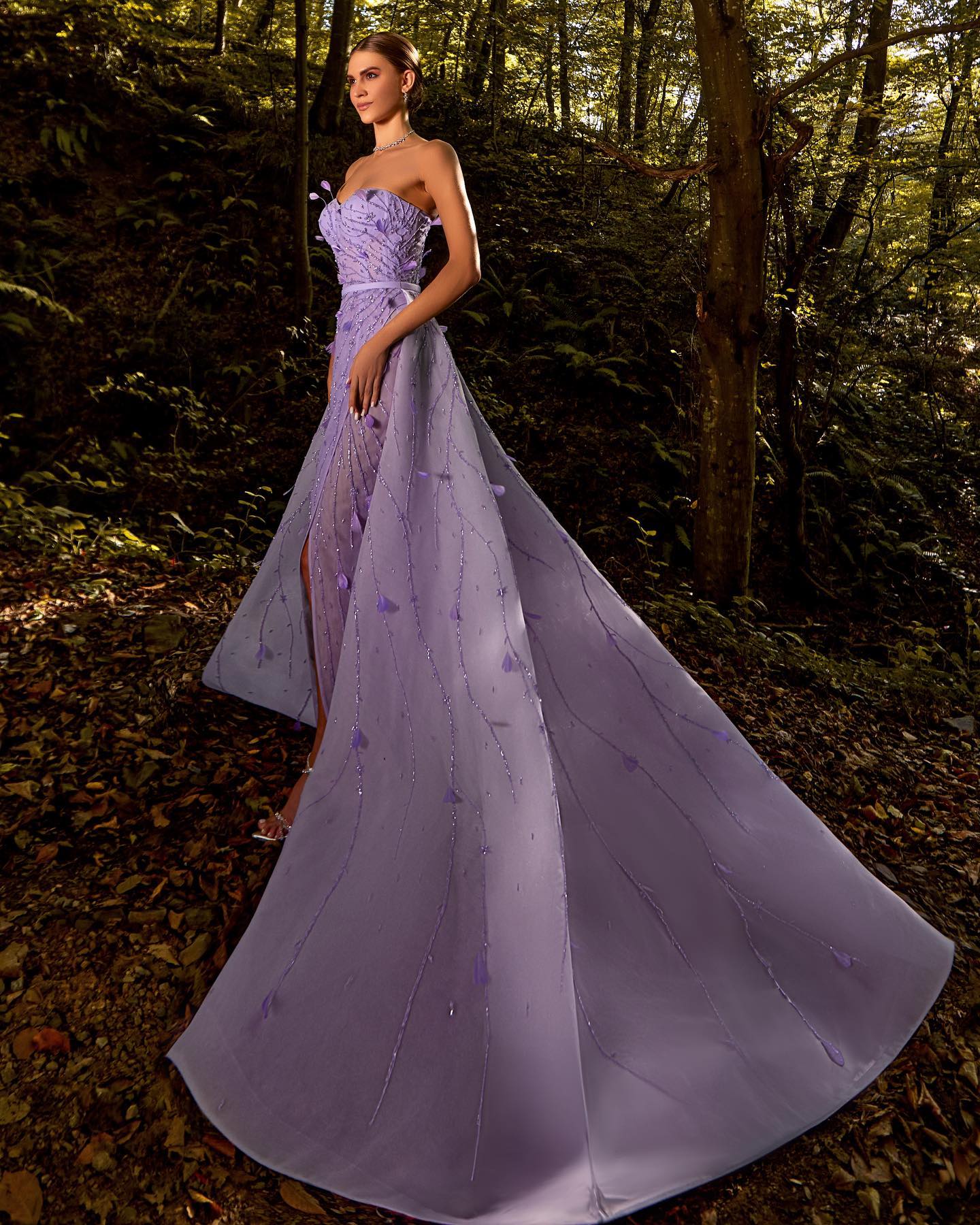 Luxury Feathers Beaded Lilac Evening Dress with Overskirt SS456