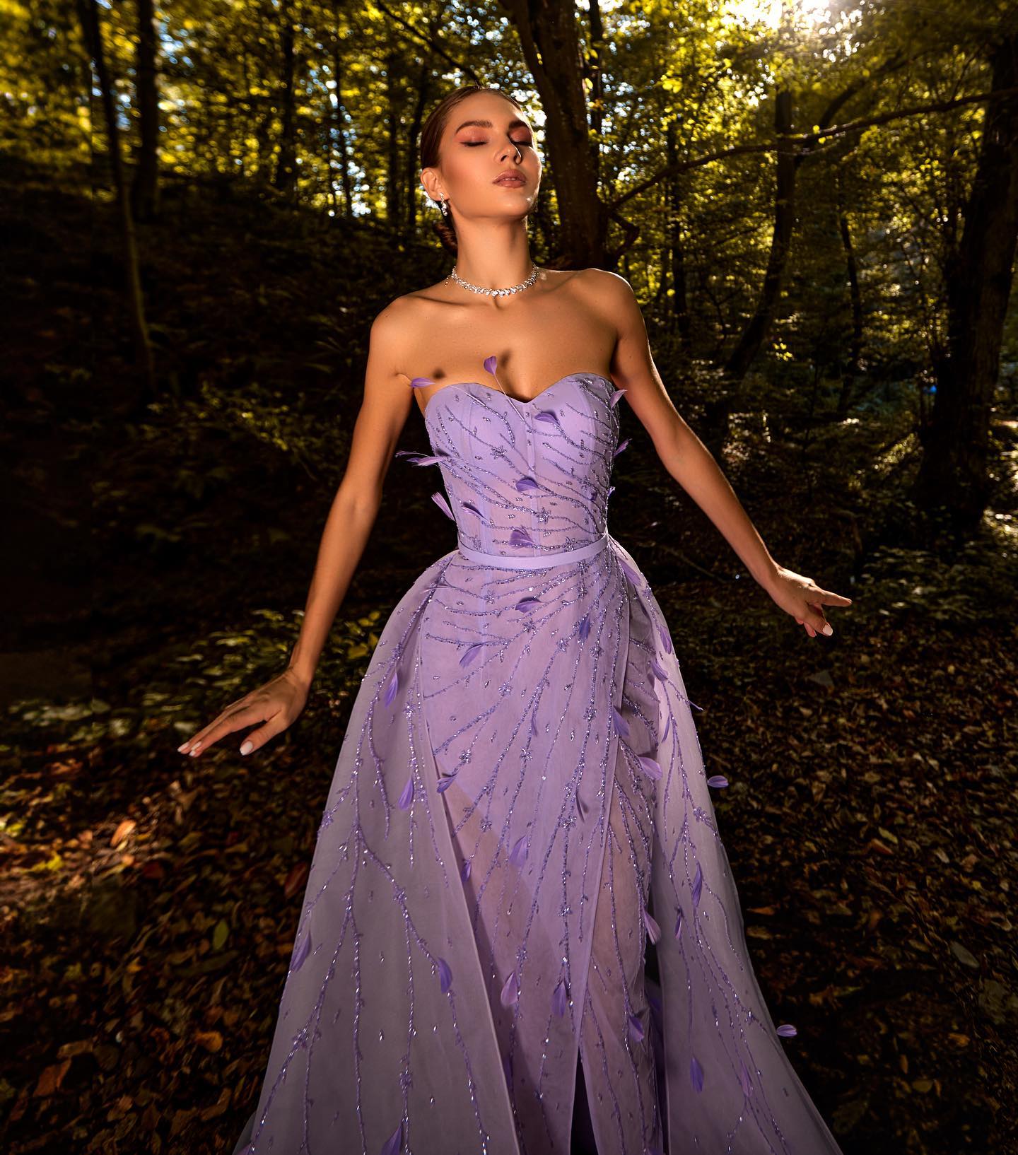 Luxury Feathers Beaded Lilac Evening Dress with Overskirt SS456