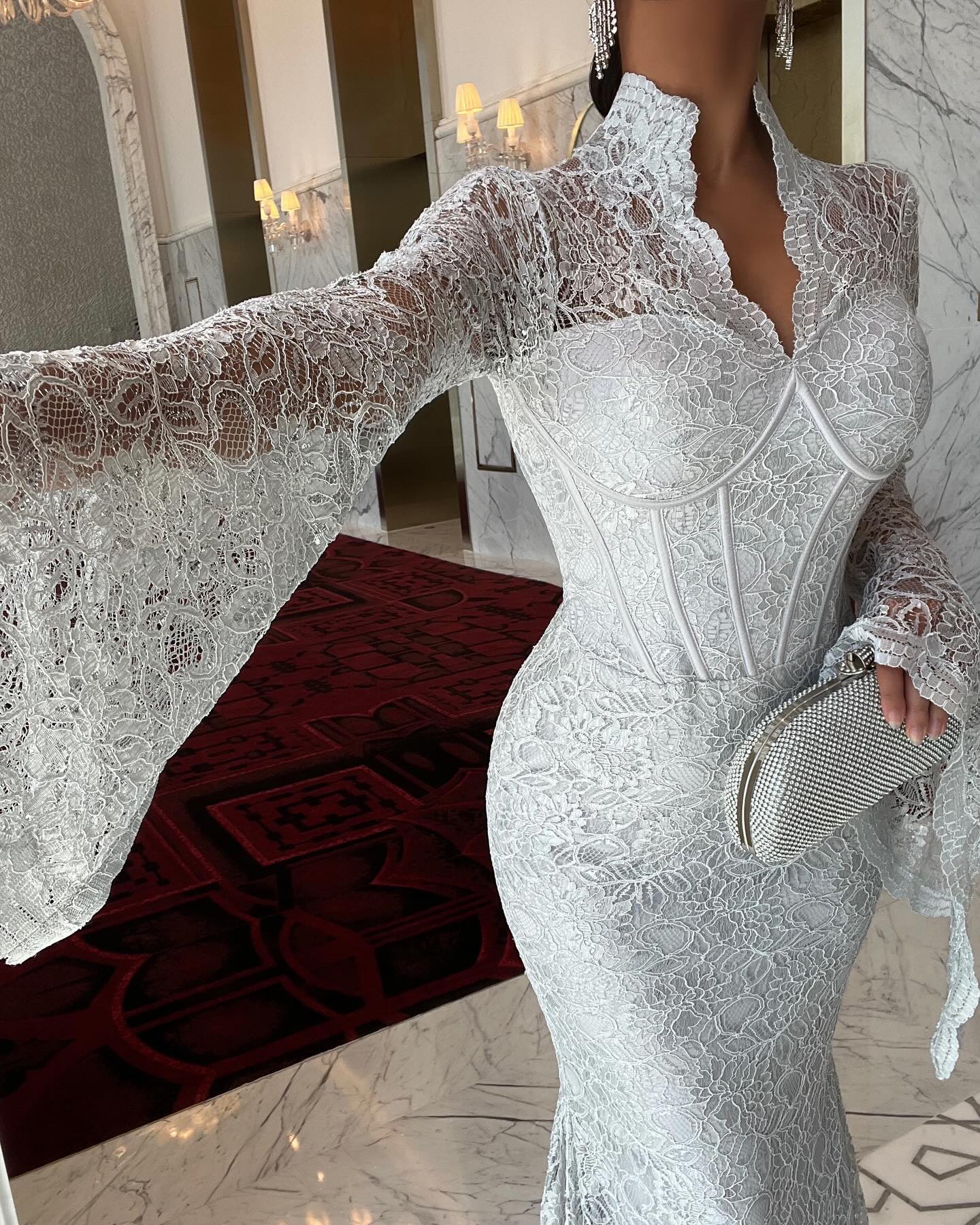 Elegant White Lace Long Sleeve Evening Dress SF122