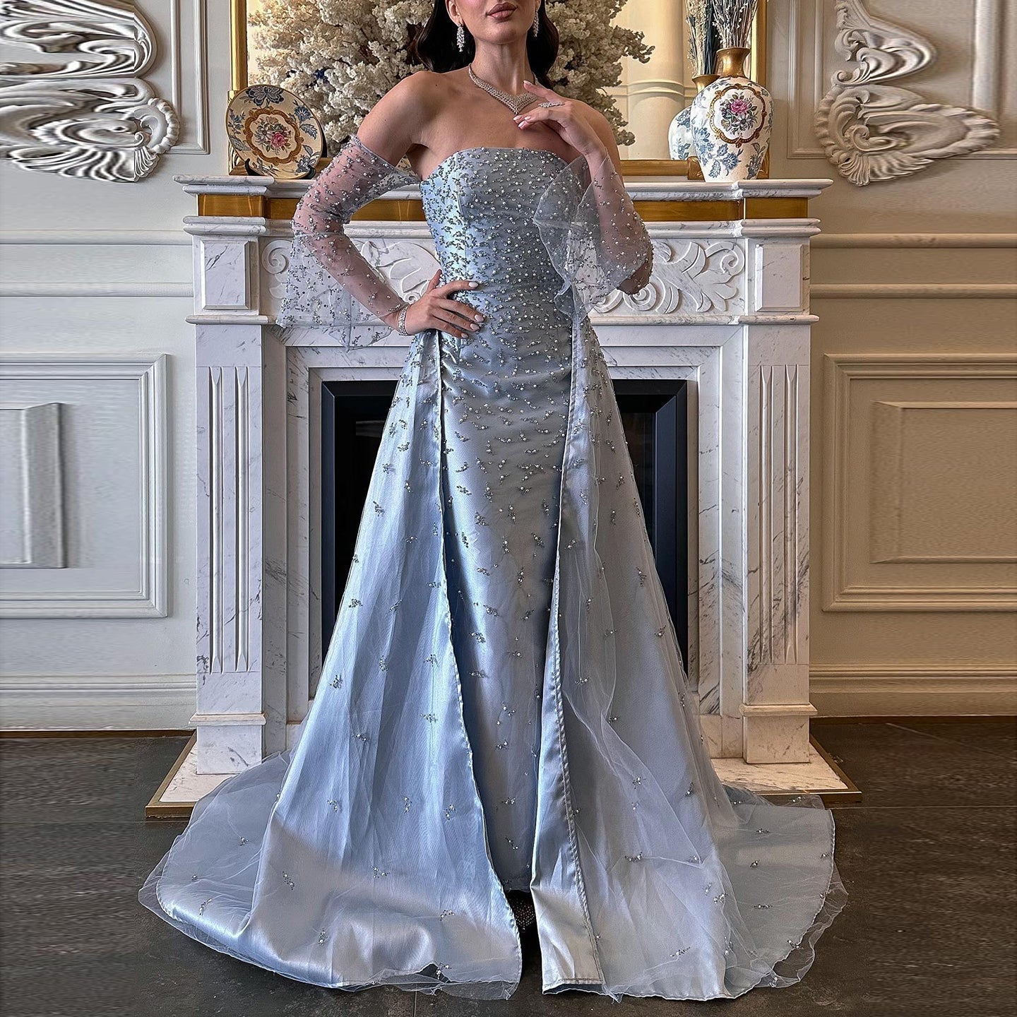 Luxury Silver Gray Evening Dress with Overskirt Sleeves SS484