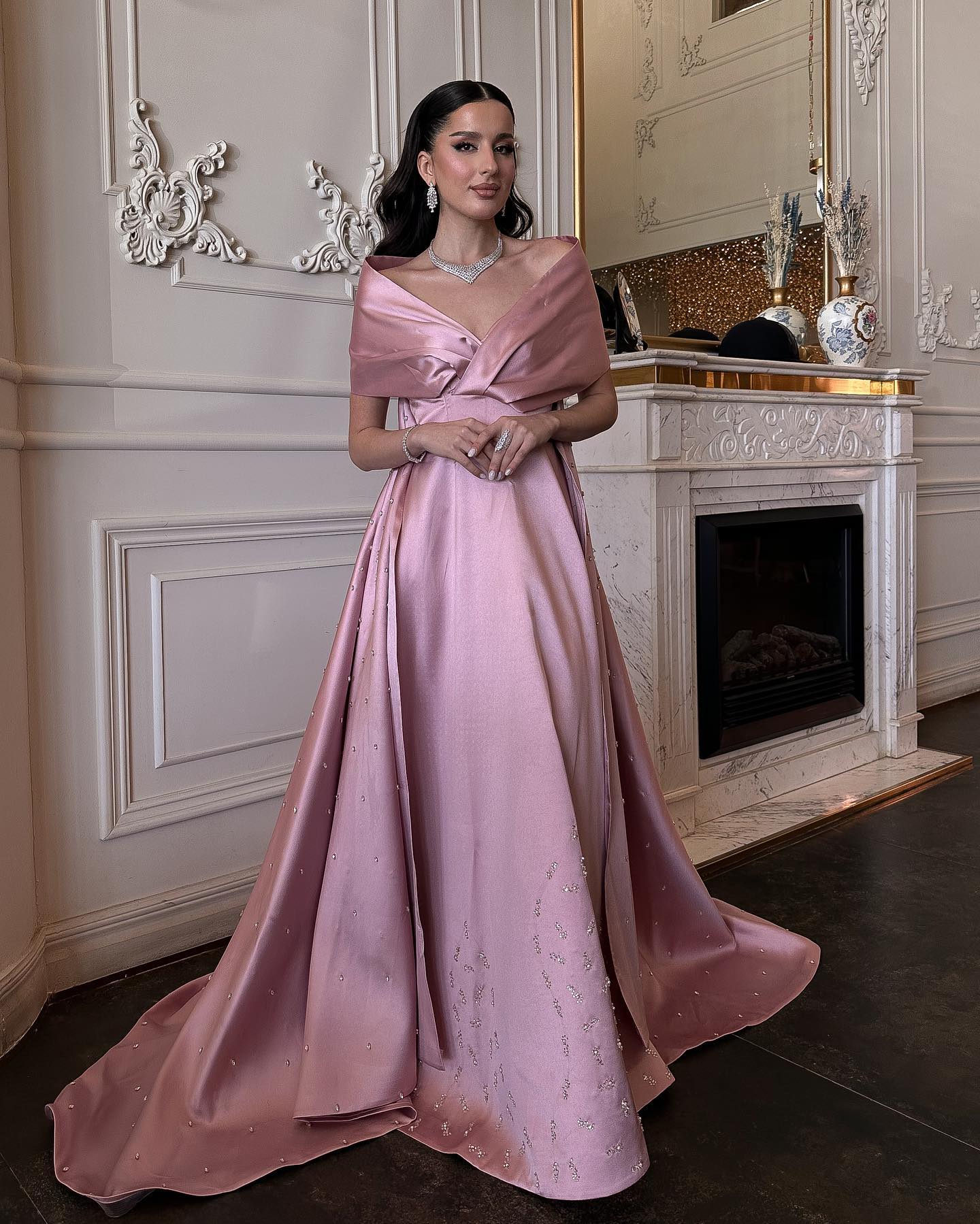 Luxury Pink Satin Off Shoulder Evening Dress SS481