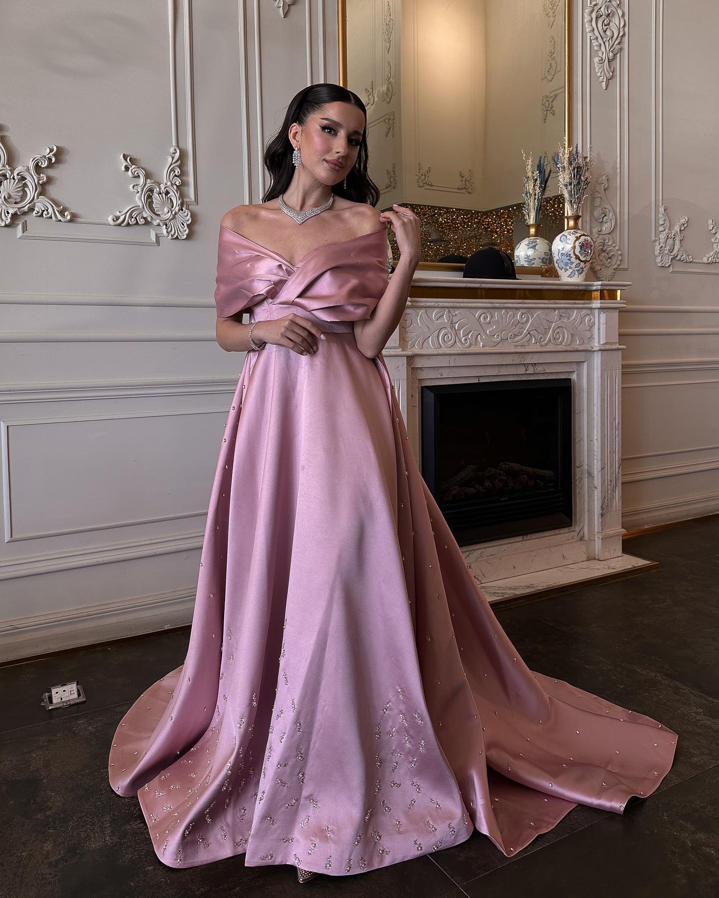 Luxury Pink Satin Off Shoulder Evening Dress SS481