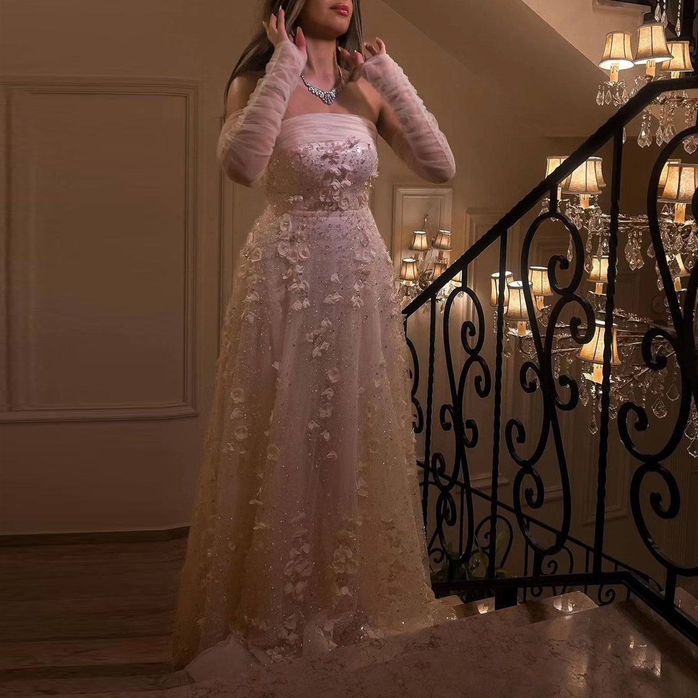 Elegant Pink 3D Flowers Evening Dress with Long Sleeves SS344