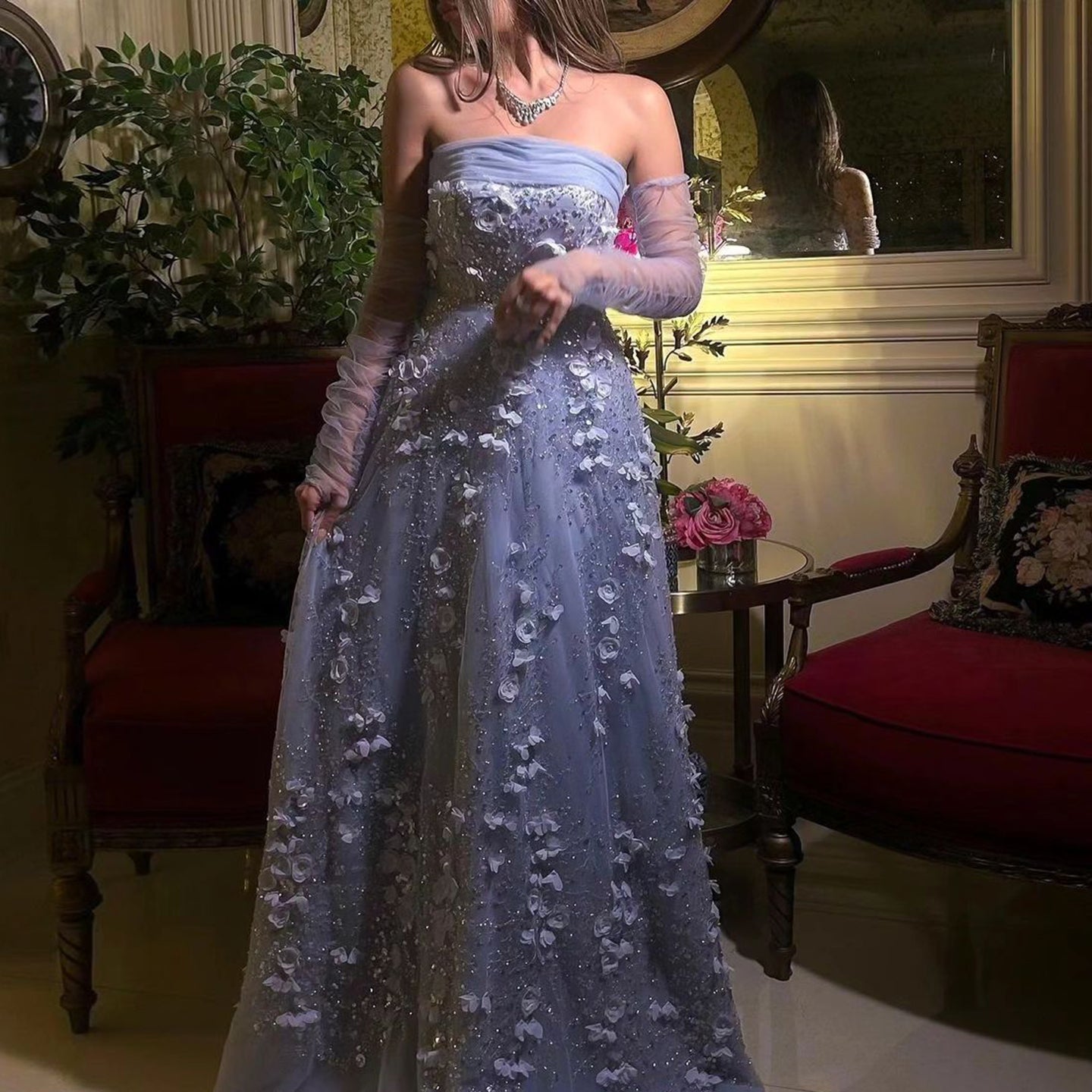 Elegant Pink 3D Flowers Evening Dress with Long Sleeves SS344