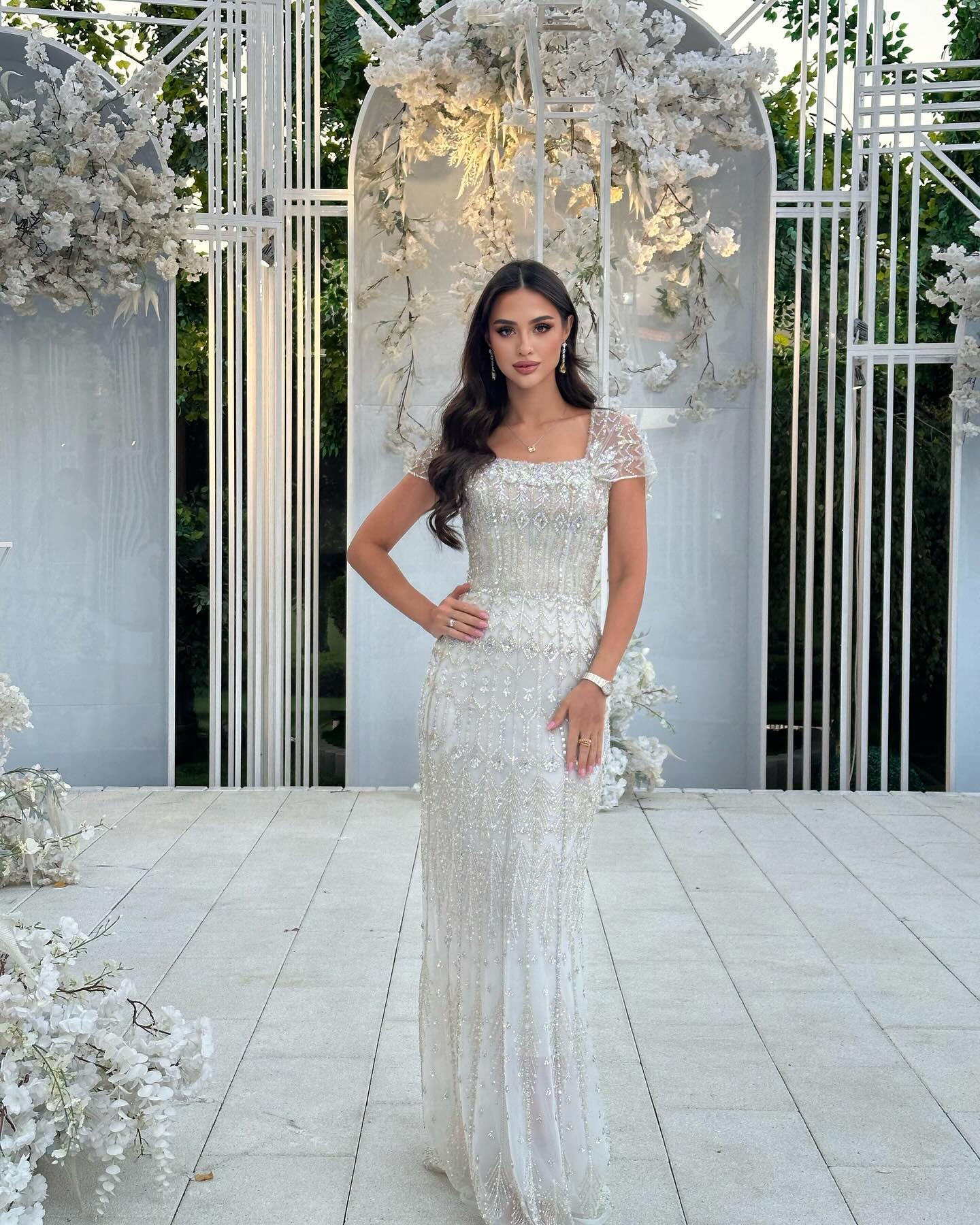 Luxury White Beaded Short Sleeves Evening Dress SS291