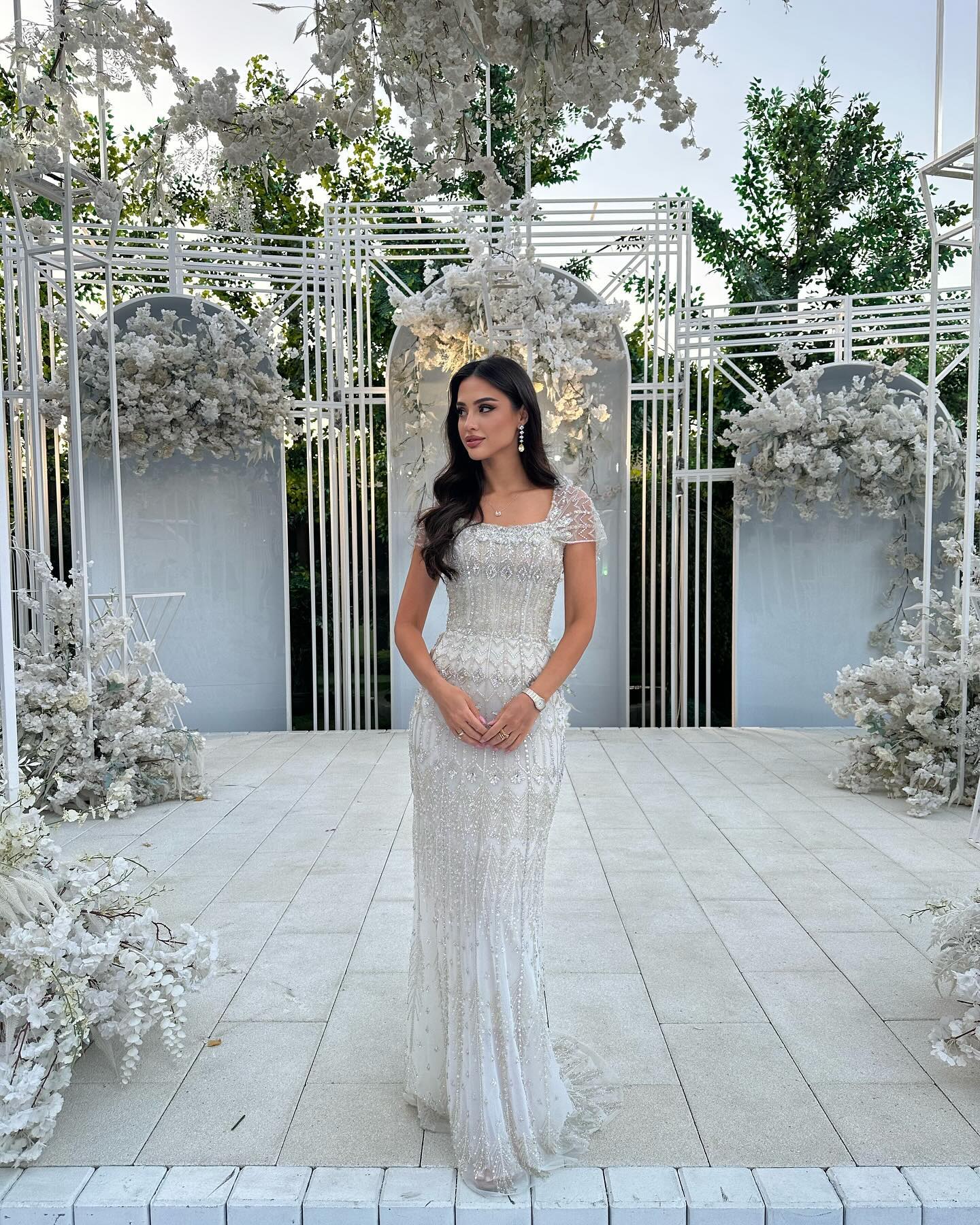 Luxury White Beaded Short Sleeves Evening Dress SS291