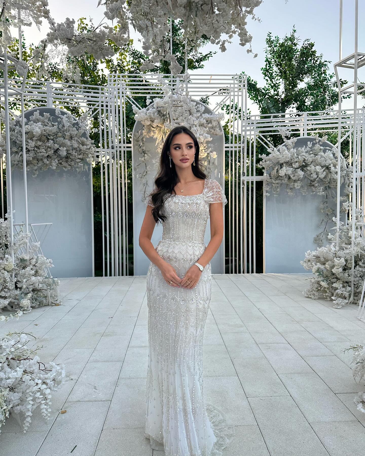Luxury White Beaded Short Sleeves Evening Dress SS291