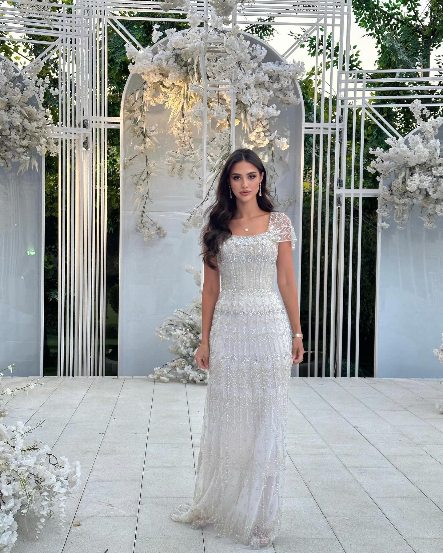 Luxury White Beaded Short Sleeves Evening Dress SS291