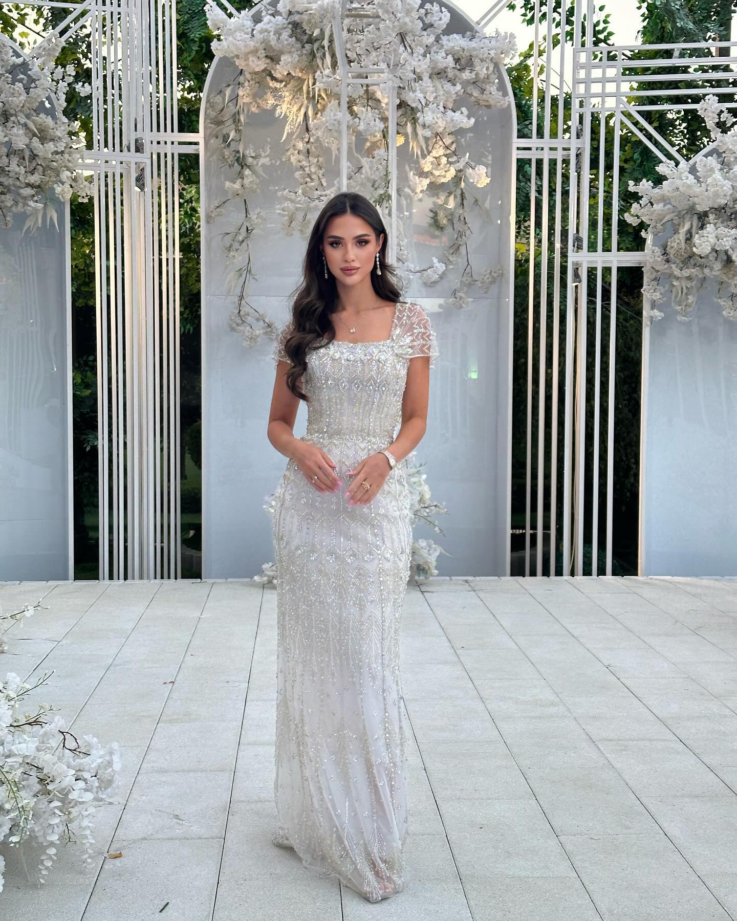 Luxury White Beaded Short Sleeves Evening Dress SS291