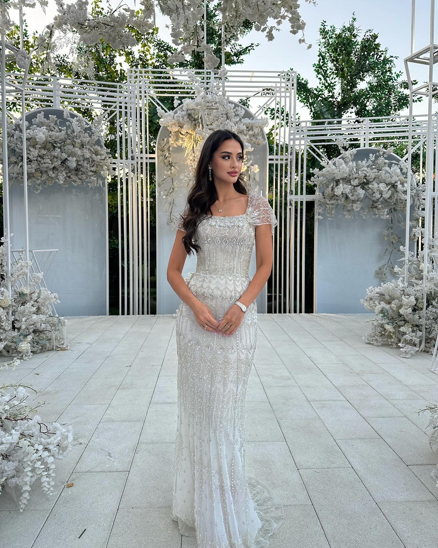 Luxury White Beaded Short Sleeves Evening Dress SS291