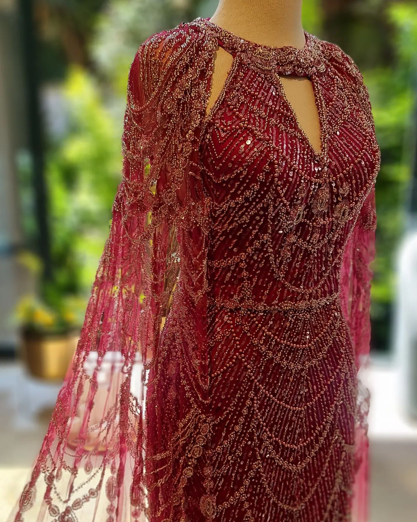 Stunning Burgundy Evening Dress with Cape SS669