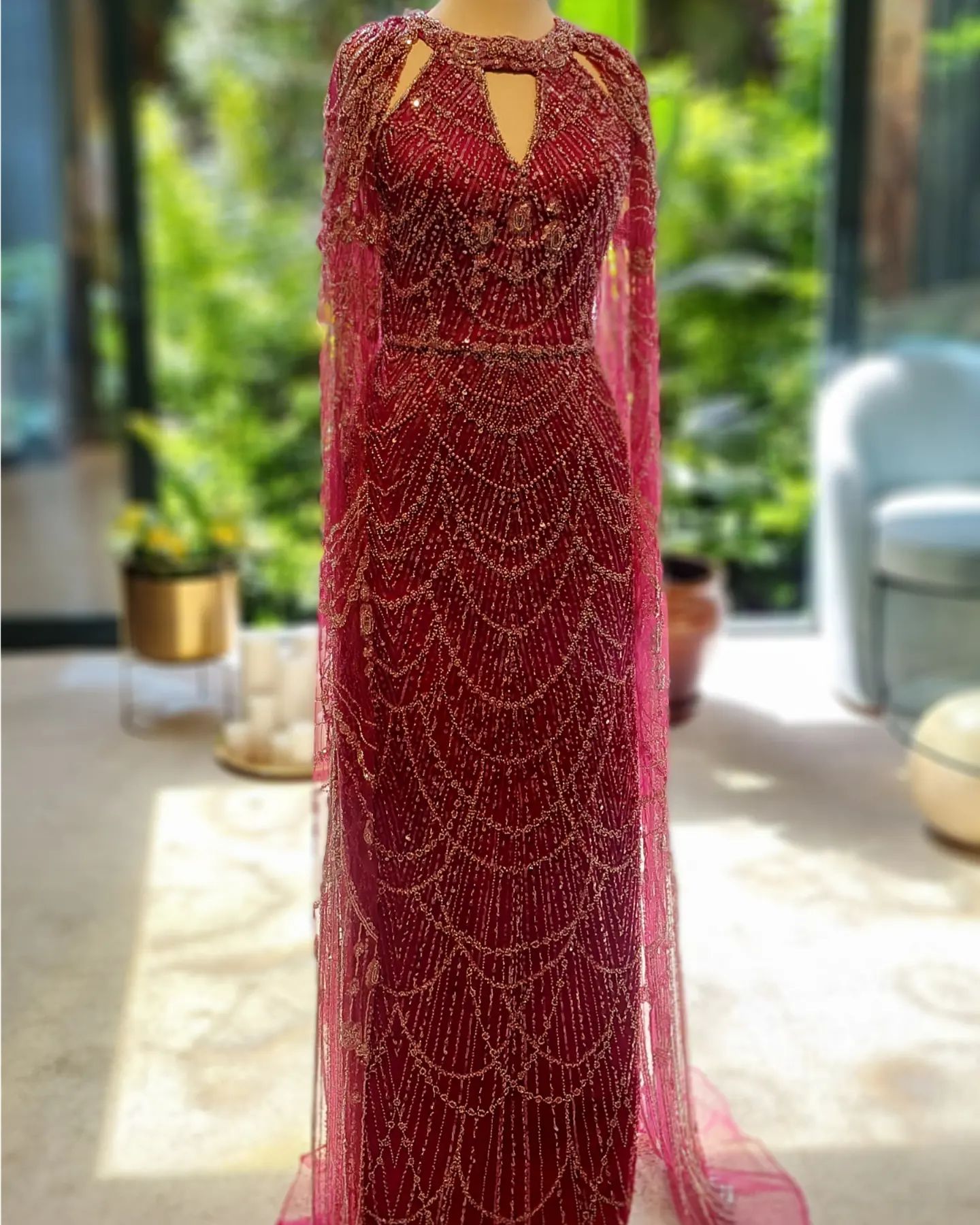 Stunning Burgundy Evening Dress with Cape SS669