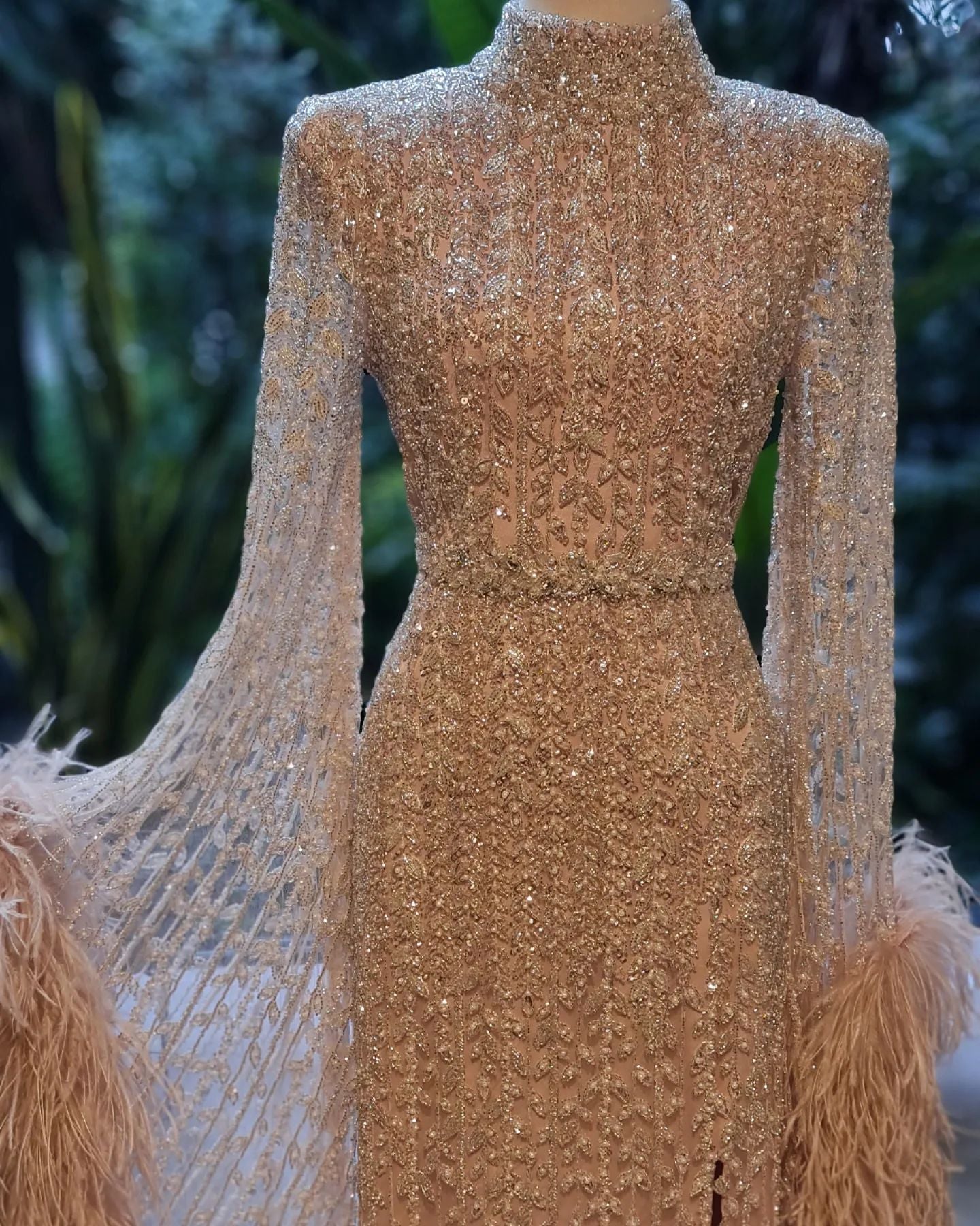 Luxury Rose Gold Evening Dress with Feathered Cape Sleeves SS788