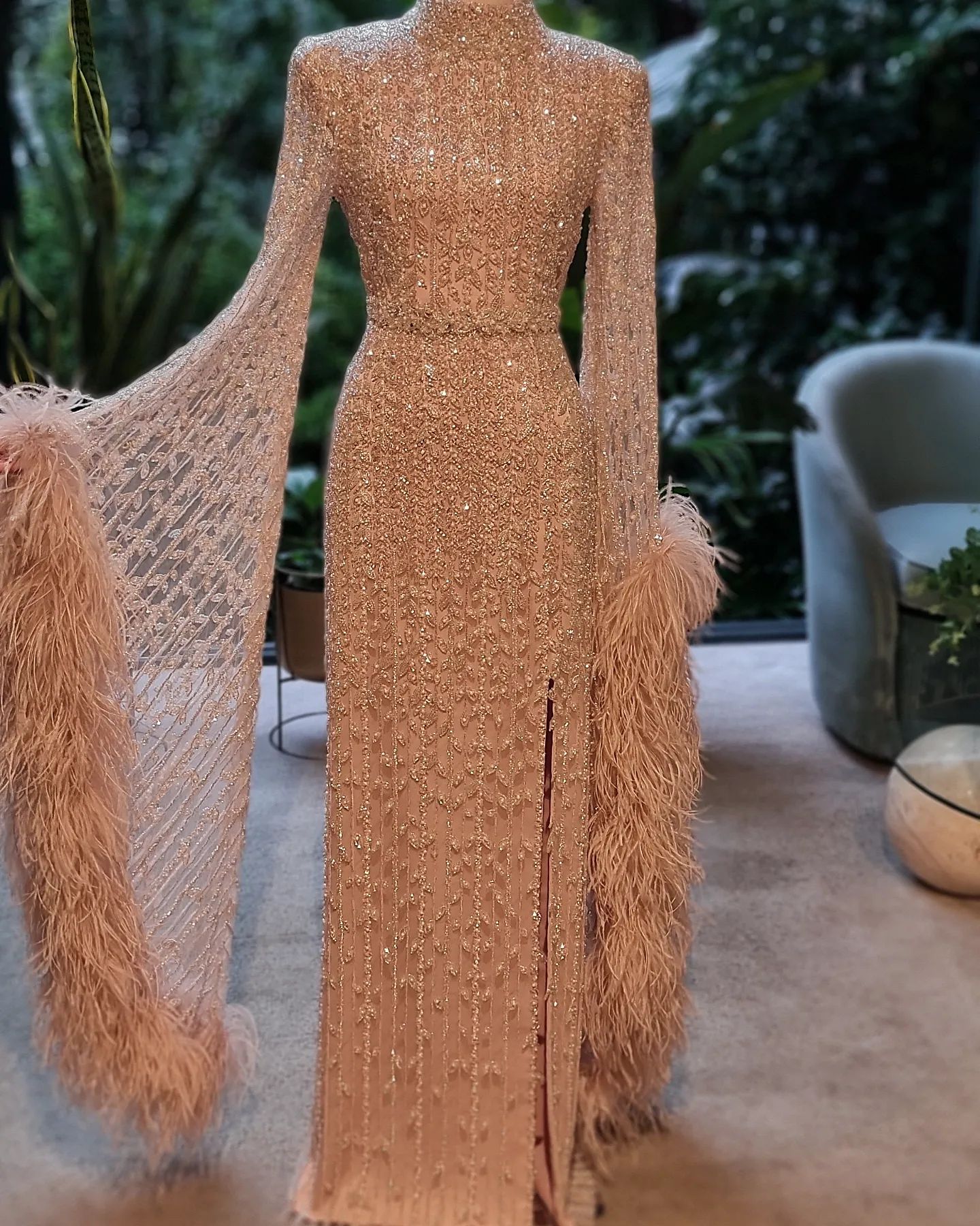 Luxury Rose Gold Evening Dress with Feathered Cape Sleeves SS788