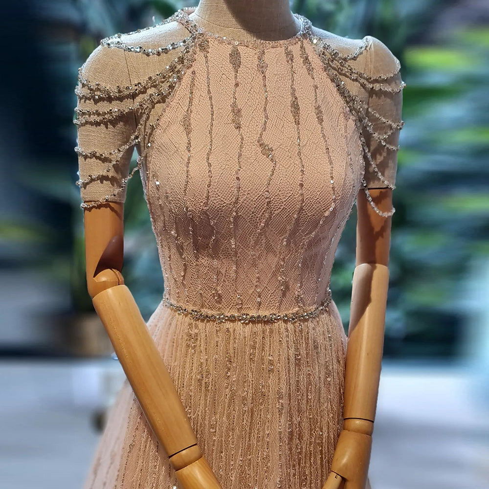 Luxury Feathers Lace Cream Evening Dress SS595