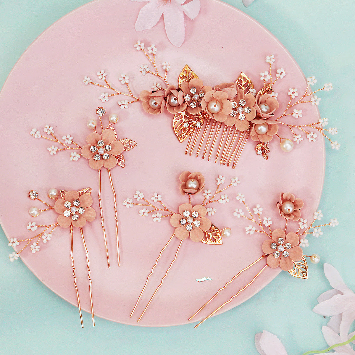 Pink Flower and Leaf Coiled Handmade Pearl Hairpin(5-piece set)