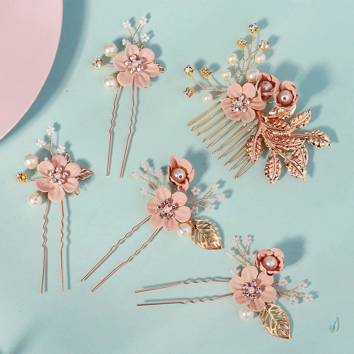 Pink Flower and Leaf Coiled Handmade Pearl Hairpin(5-piece set)
