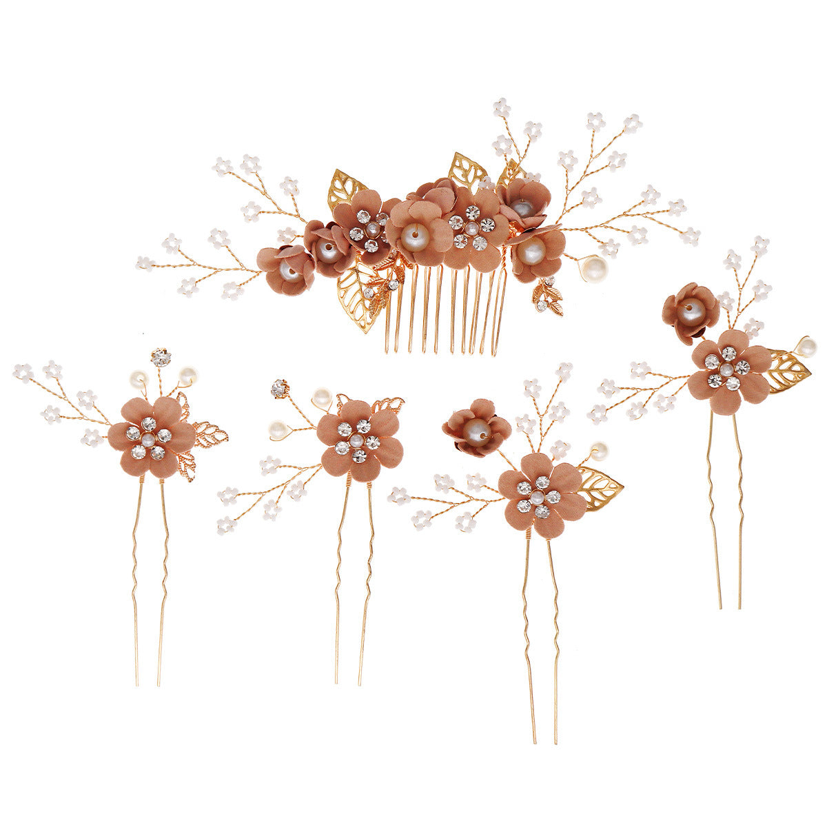 Pink Flower and Leaf Coiled Handmade Pearl Hairpin(5-piece set)