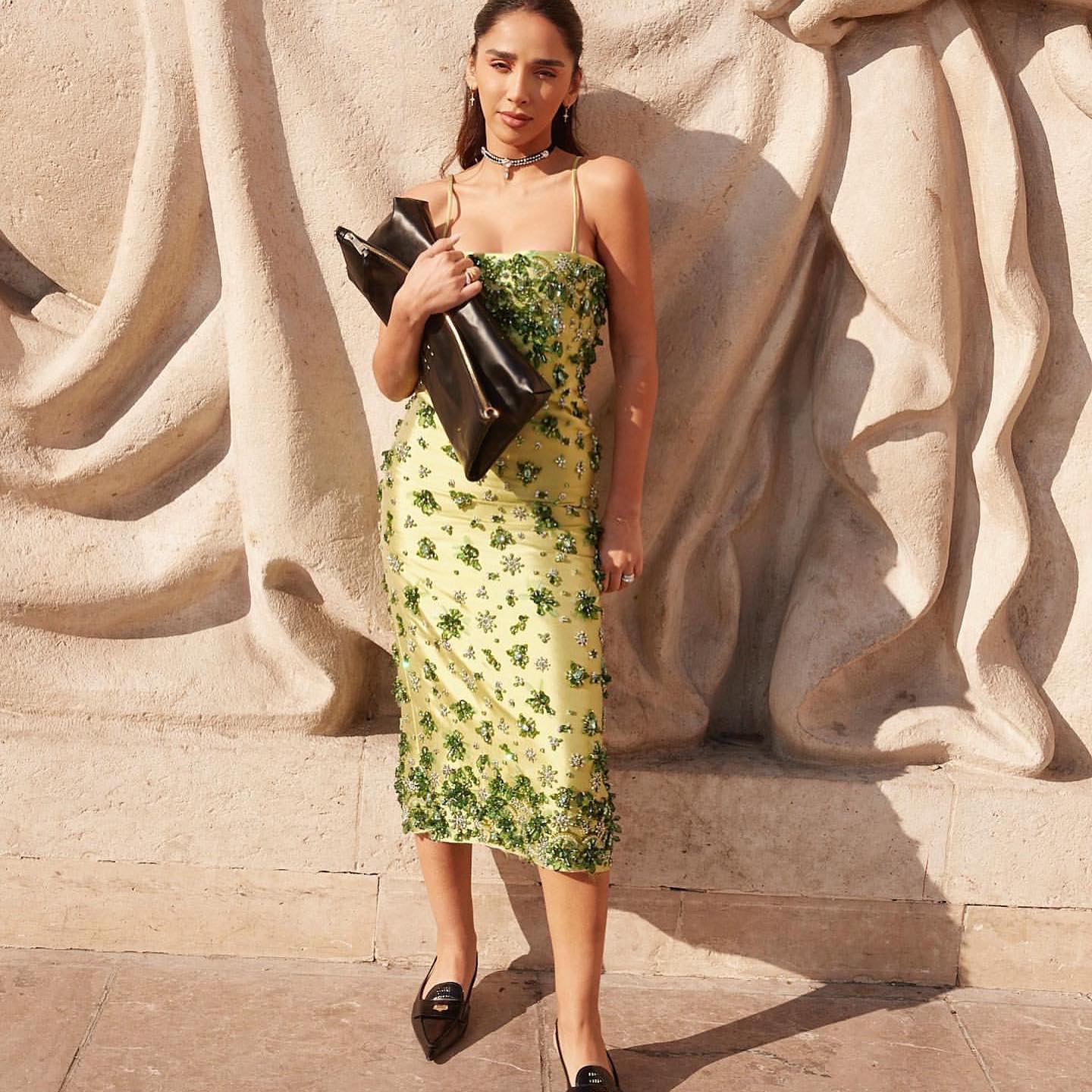 Luxury 3D Floral Beaded Short Green Spaghetti Evening Dress SS233