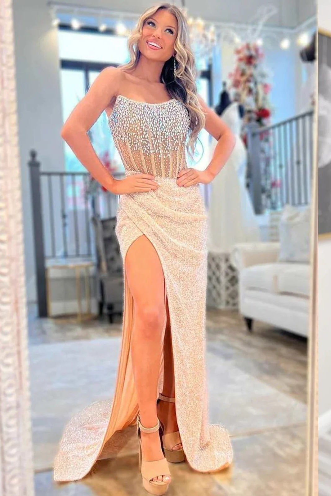 Prom Dress 2025 Gold Lace Sequins Mermaid Strapless Long Formal Dress