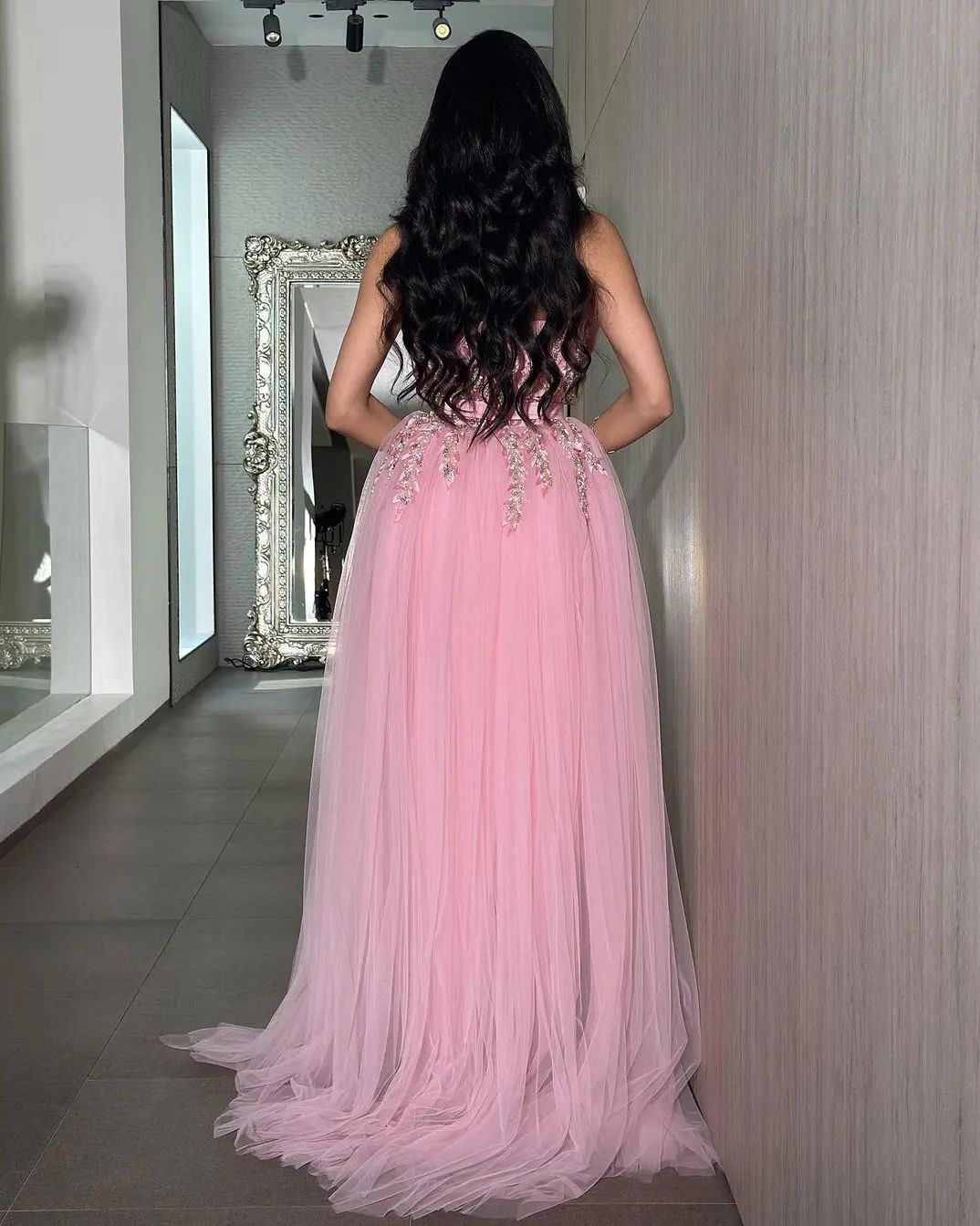 Elegant Pink Crystal Evening Dress with Overskirt SS213