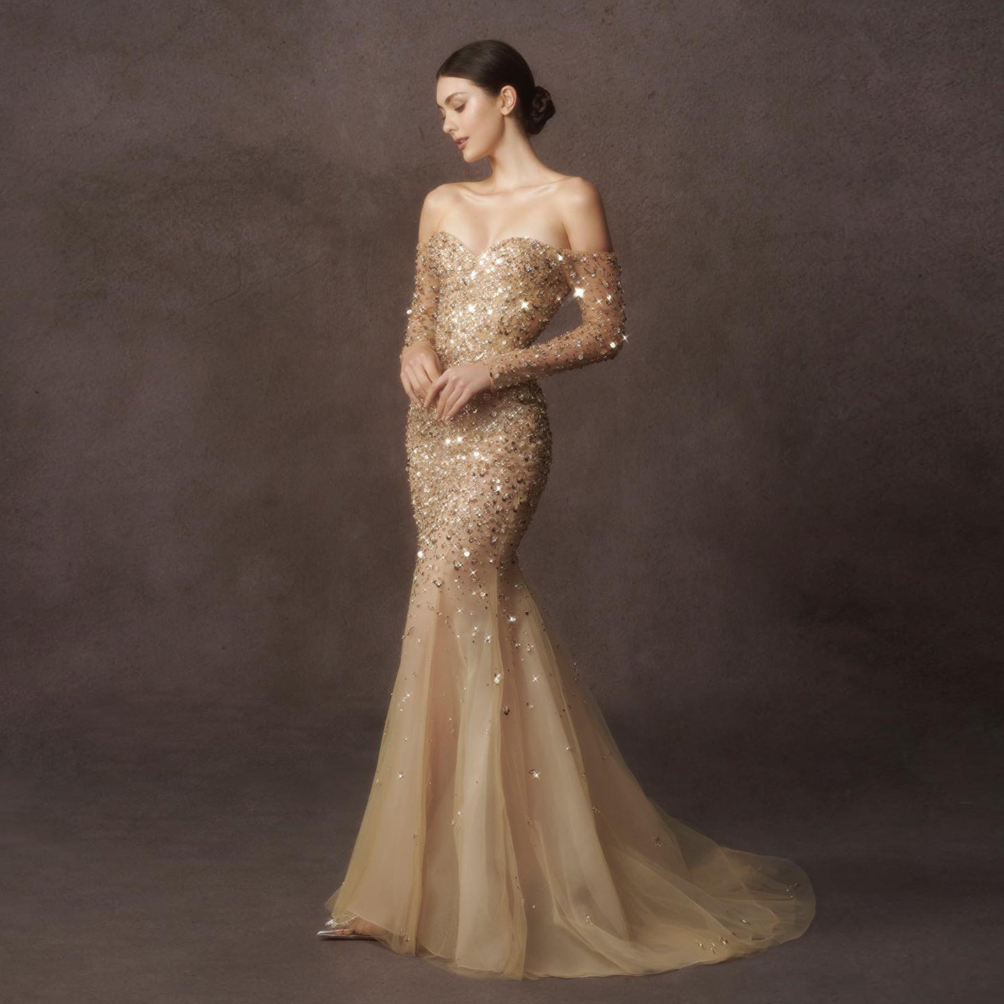 Luxury Gold Off Shoulder Evening Dress with Detachable Overskirt SS170