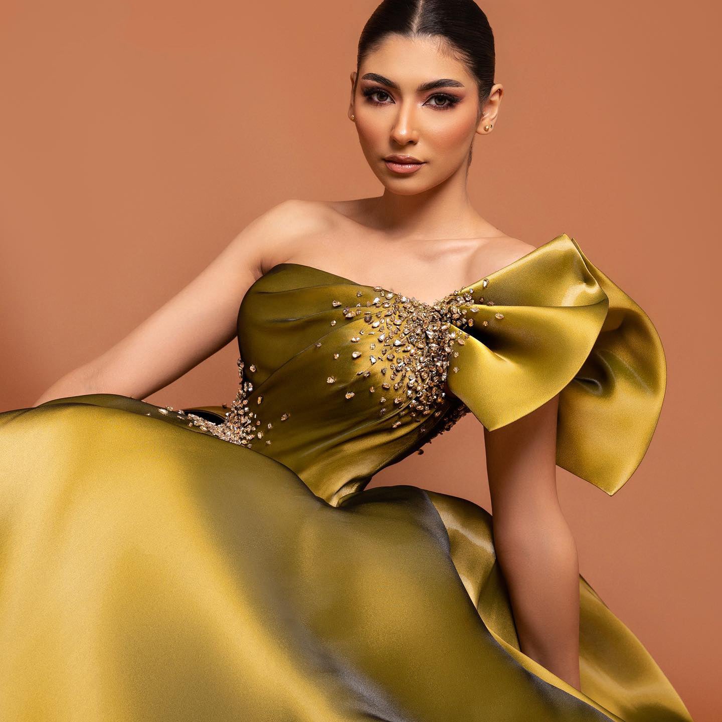 Elegant Gold One Shoulder Satin Evening Dress SS592