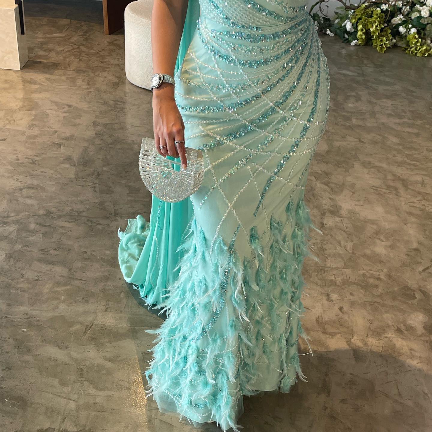 Luxury Feather Turquoise One Shoulder Evening Dress SS498