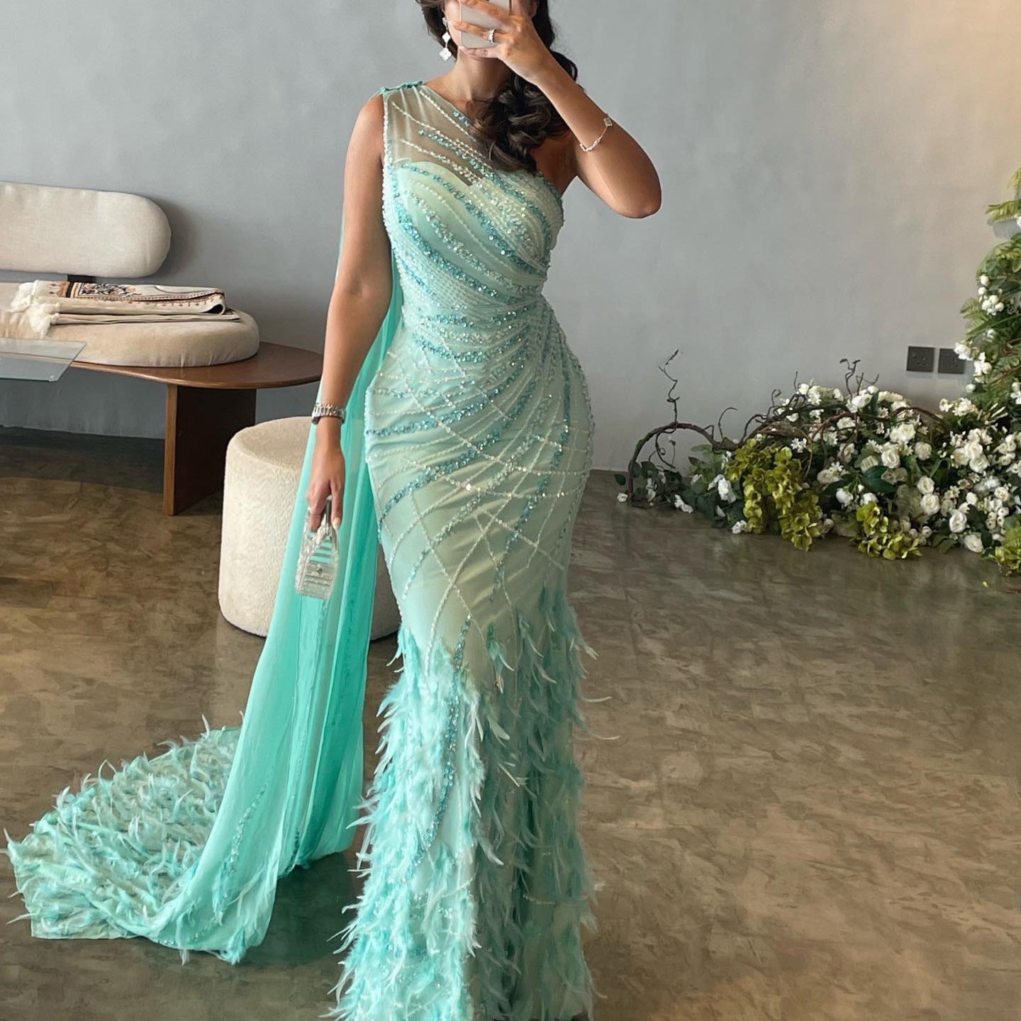 Luxury Feather Turquoise One Shoulder Evening Dress SS498