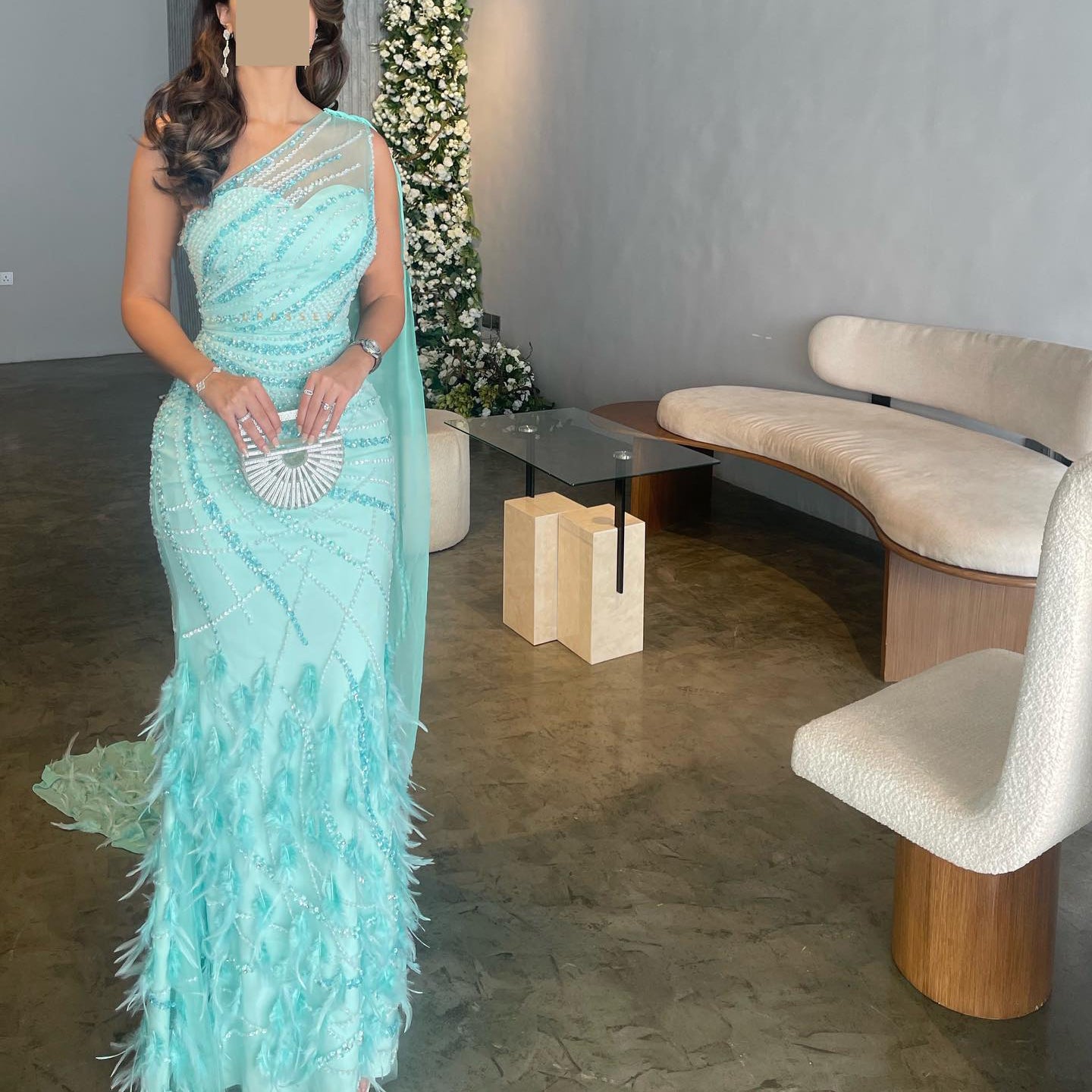 Luxury Feather Turquoise One Shoulder Evening Dress SS498