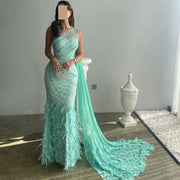 Luxury Feather Turquoise One Shoulder Evening Dress SS498