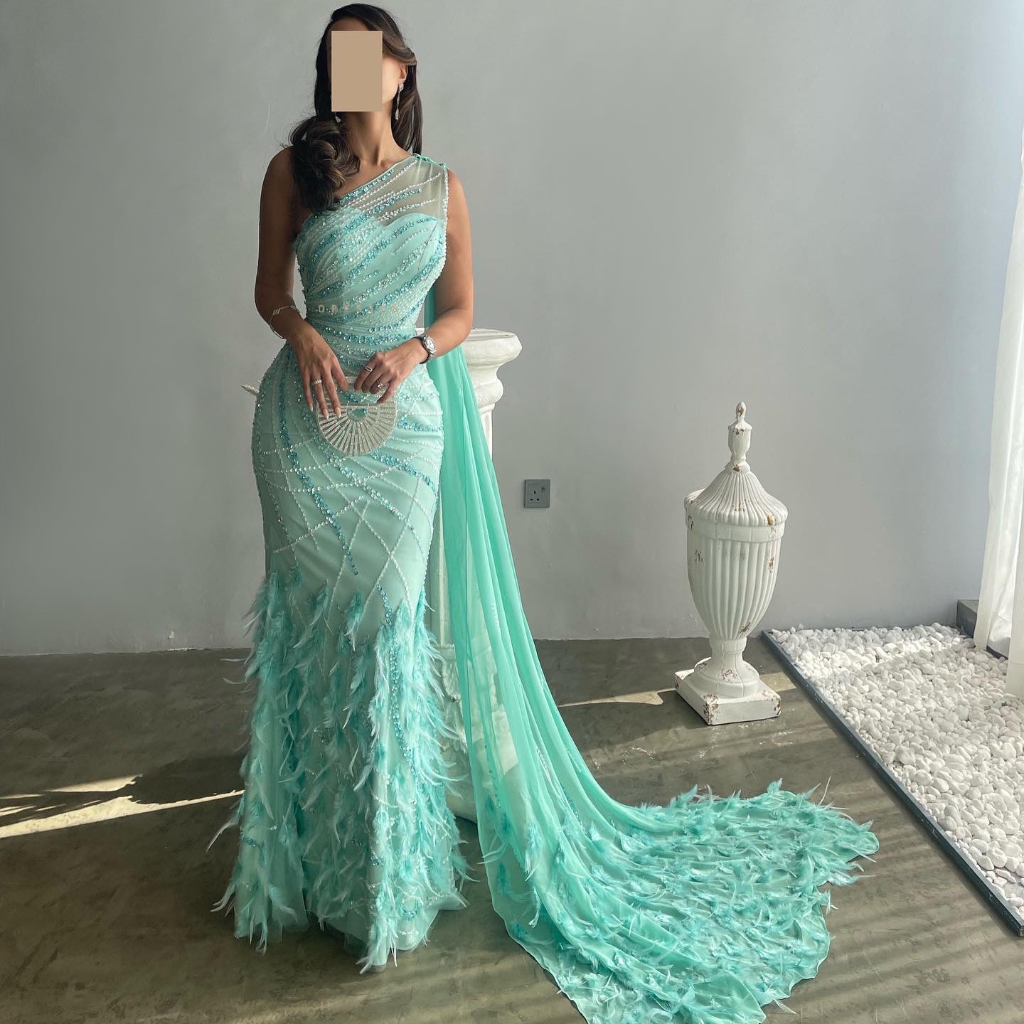 Luxury Feather Turquoise One Shoulder Evening Dress SS498