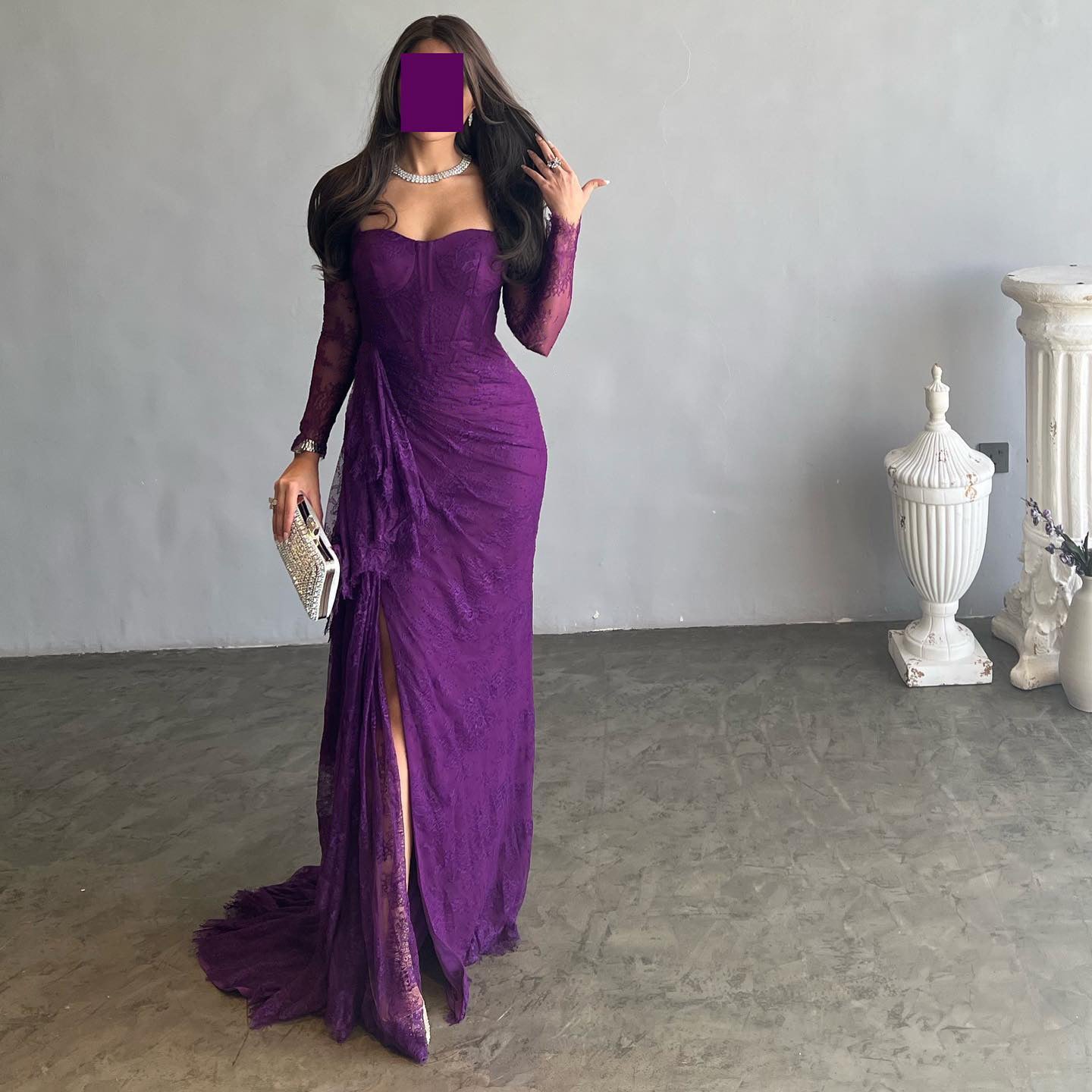 Elegant Purple Lace Long Sleeve Evening Dress SF075  Purple / US 16