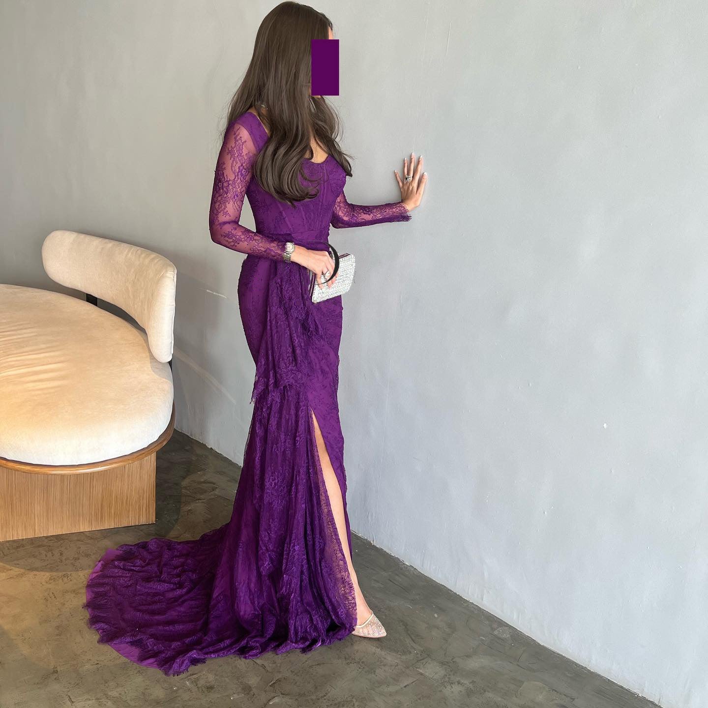 Elegant Purple Lace Long Sleeve Evening Dress SF075