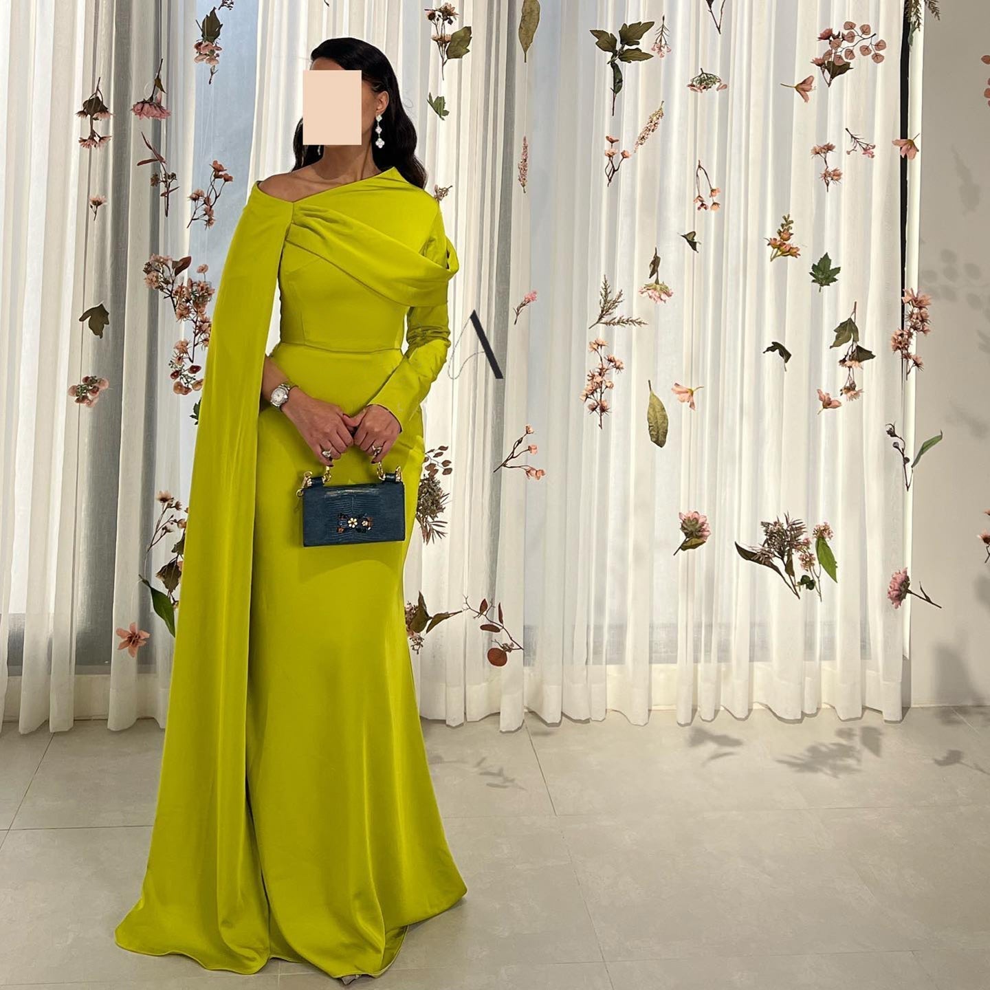 Elegant Fuchsia One Shoulder Evening Dress with Cape SF074