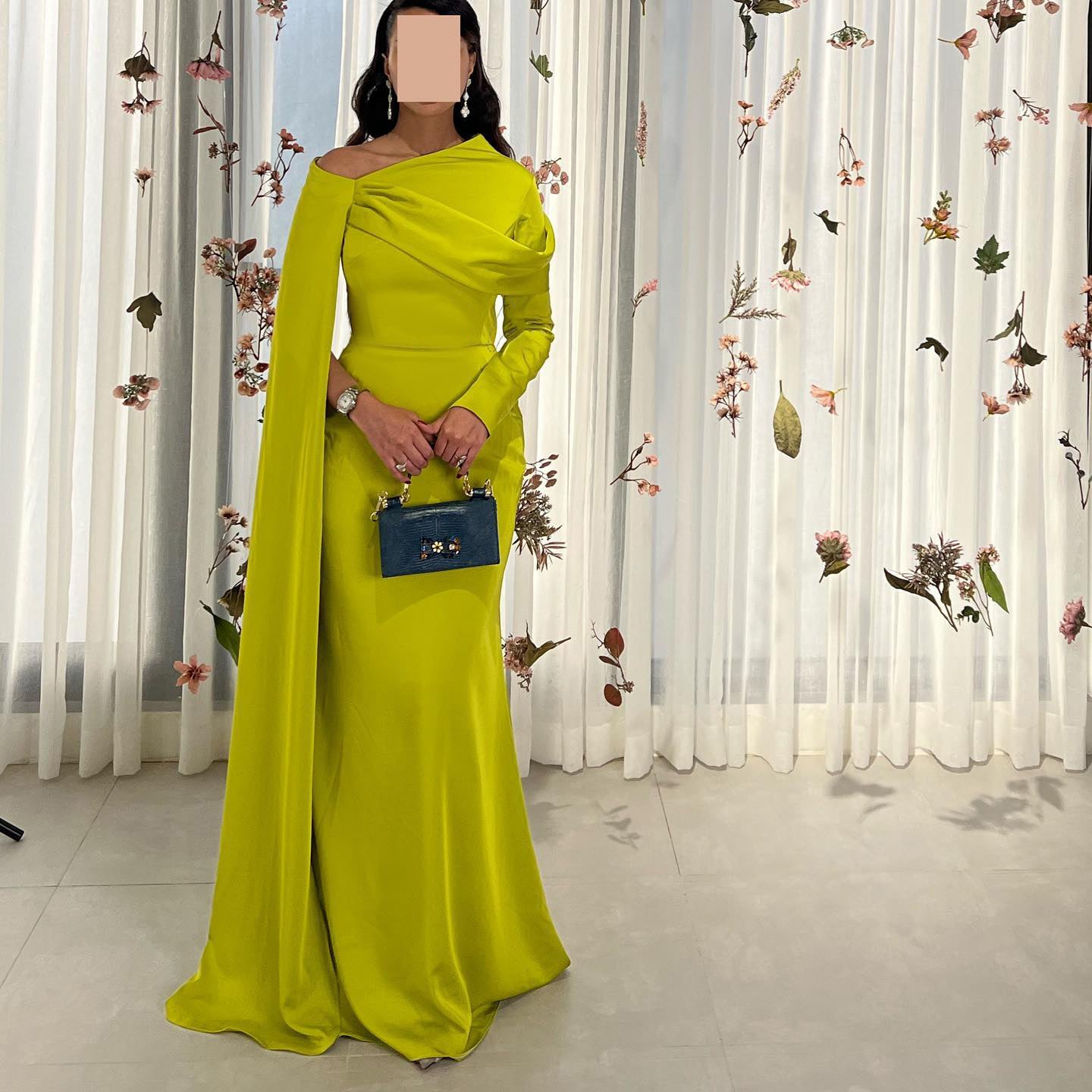 Elegant Fuchsia One Shoulder Evening Dress with Cape SF074  Yellow / US 16