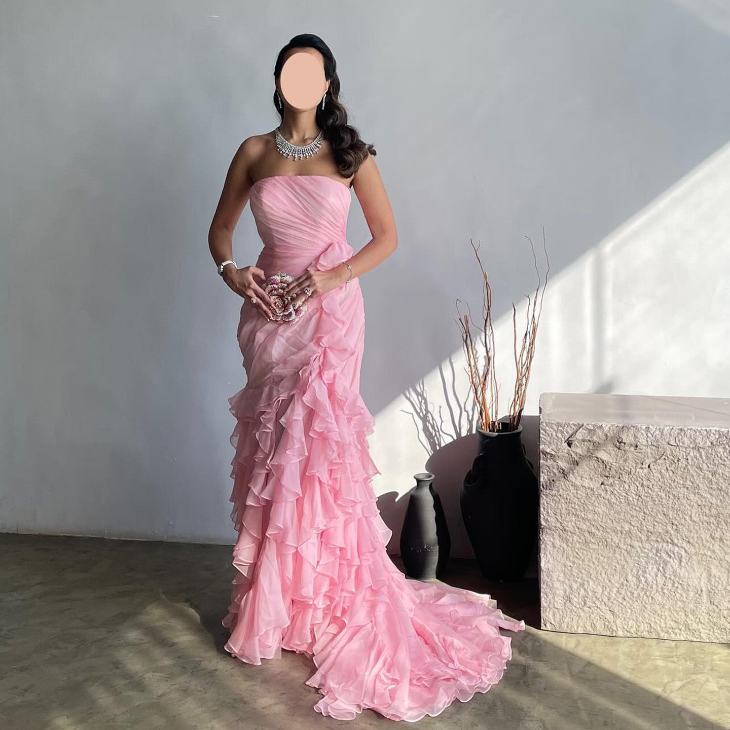 Blush Pink Ruffles Strapless Mermaid Evening Dress SF077