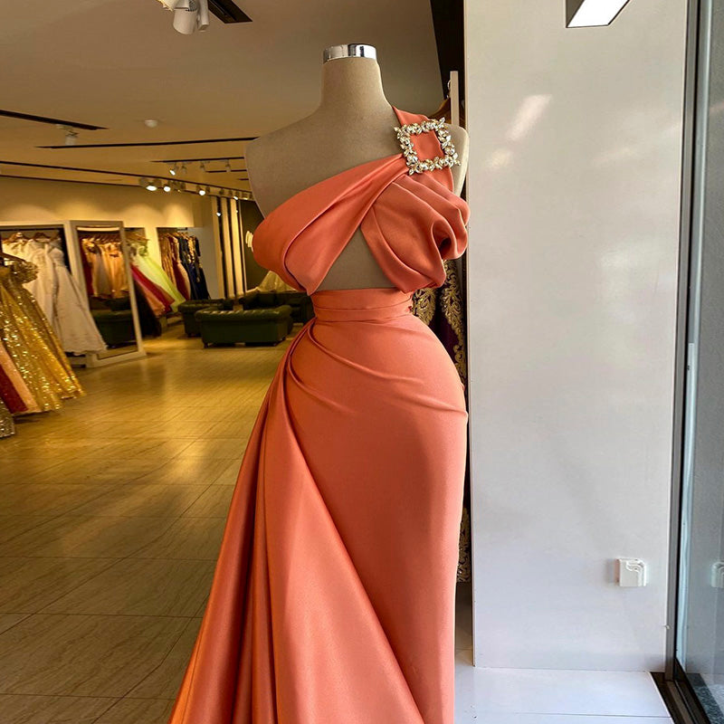 One Shoulder Orange Formal Party Dress with Overskirt RM014