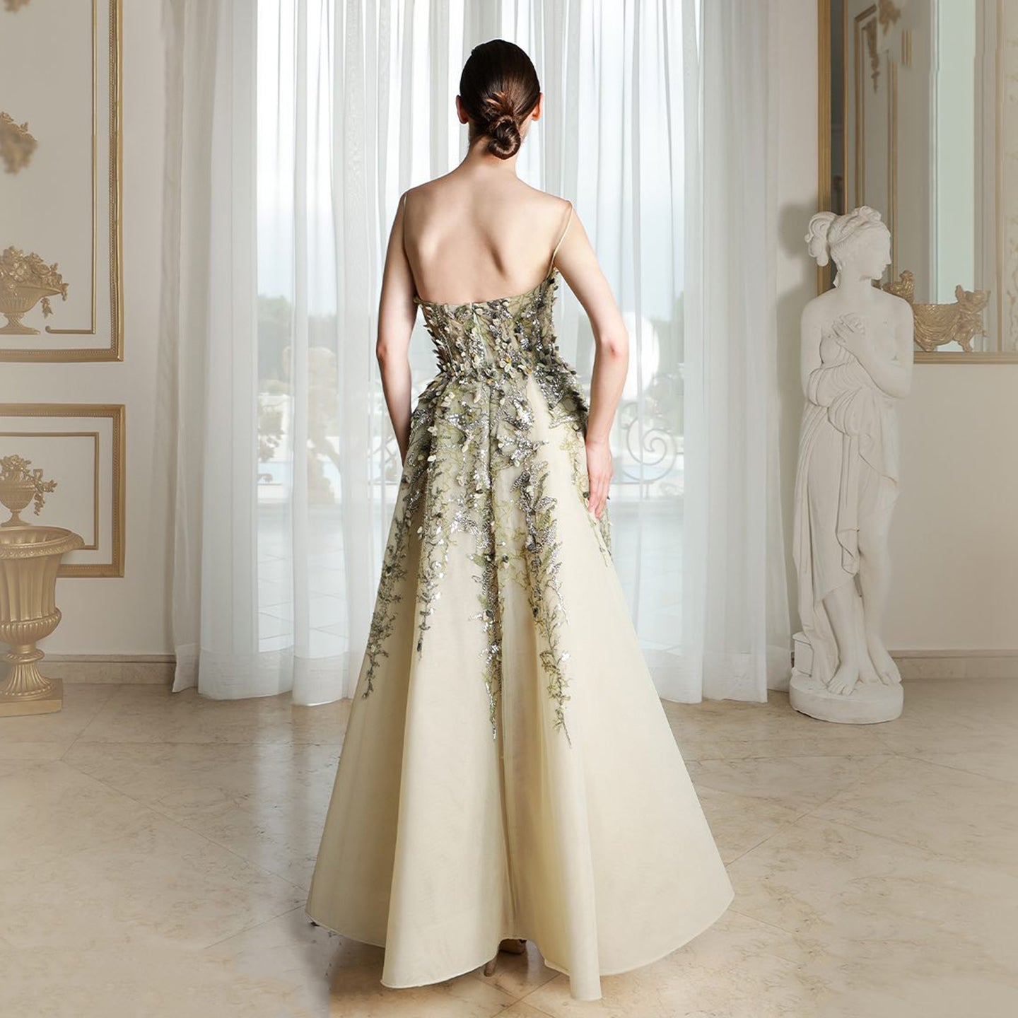 Luxury Beige Evening Dress with 3D Floral Embroidery SS362