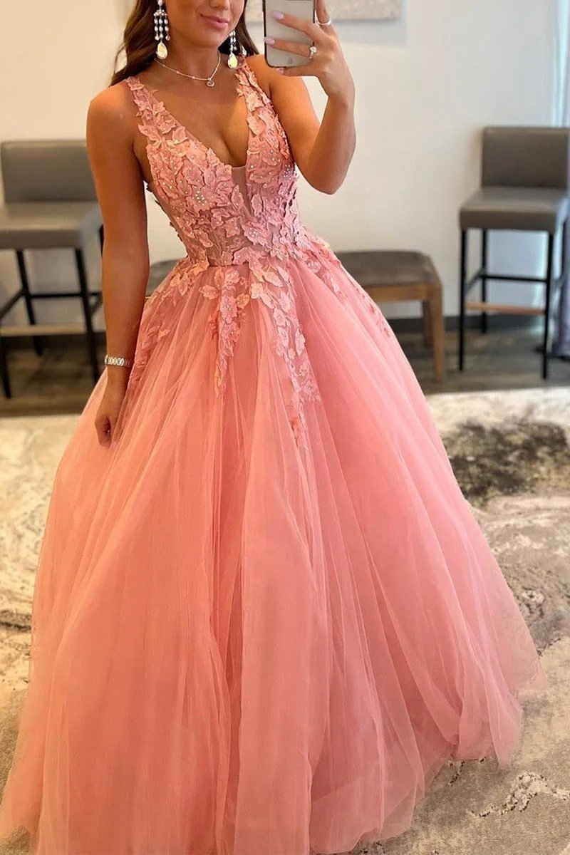 A-Line Prom Dresses Open Back Dress Formal Floor Length Sleeveless V Neck Tulle Backless with Pleats Beading Appliques 2025