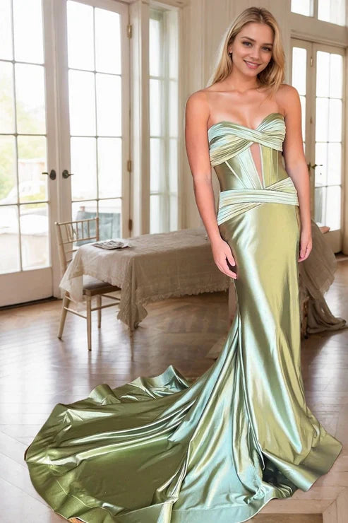 Sheath/Column Elastic Woven Satin Ruched Off-the-Shoulder Straps Sleeveless Sweep/Brush Train Prom Dresses