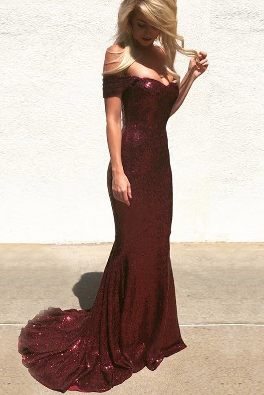 Sheath/Column Sweep/Brush Train Off-the-Shoulder Sleeveless Sequins Ruched Dresses