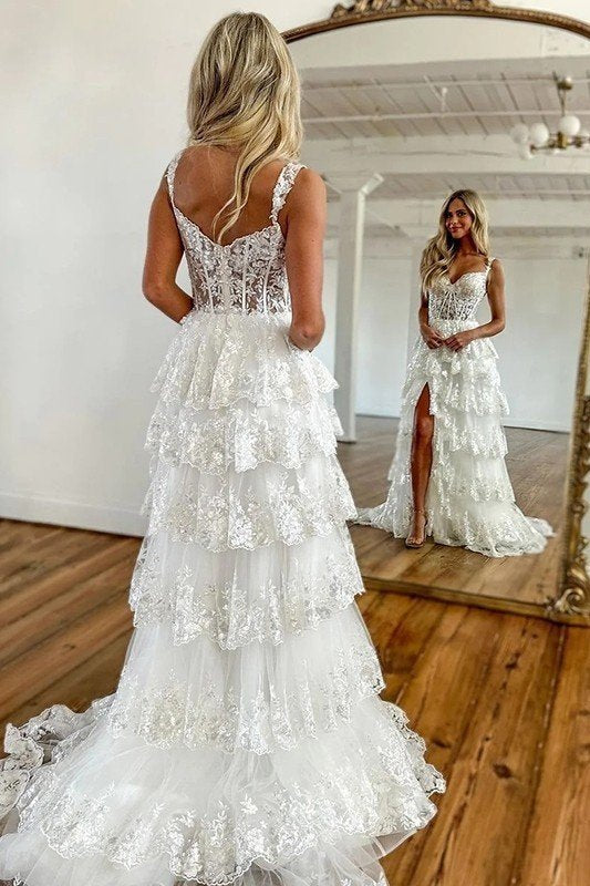 A-Line/Princess Tulle Lace Straps Sleeveless Court Train Prom Dresses