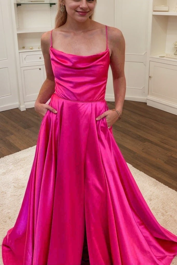 A-line Cowl Neck Spaghetti Straps Sweep Train Charmeuse Prom Dresses With Split Pockets Pleated