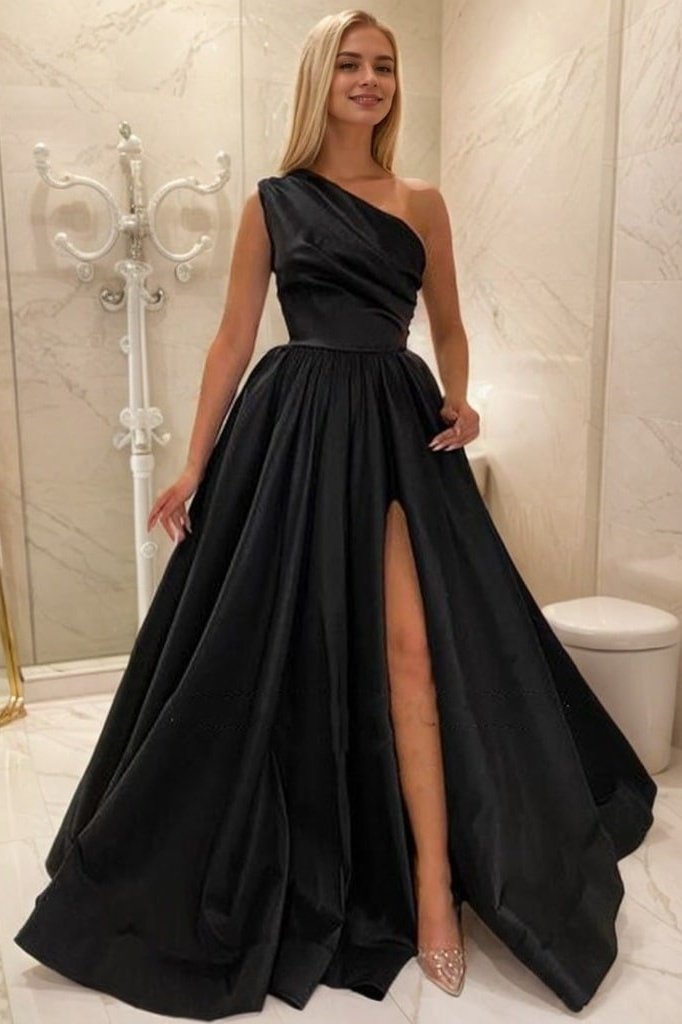 A-line One-Shoulder Satin Prom Dress With Pleated Split