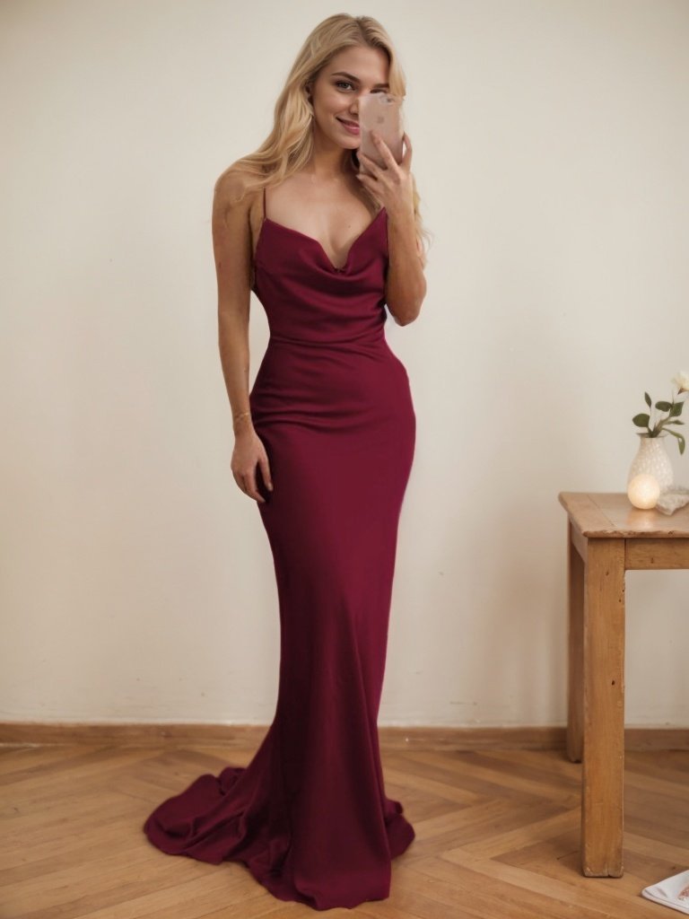 Sheath/Column Cowl Neck Spaghetti Straps Sweep Train Satin Prom Dress-129