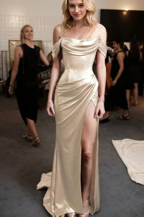 Sheath/Column Off-the-Shoulder Short Sleeve Sweep Train Satin Prom Dress With Pleated