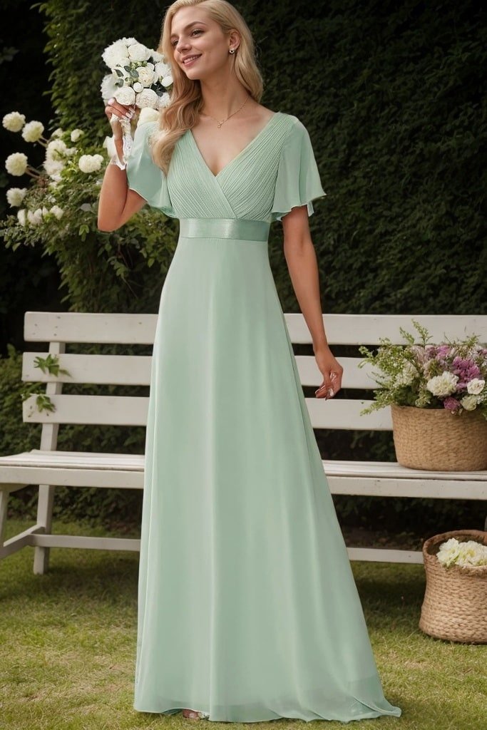 A-Line/Princess Chiffon Ruched V-neck Short Sleeves Sweep/Brush Train Bridesmaid Dresses-135