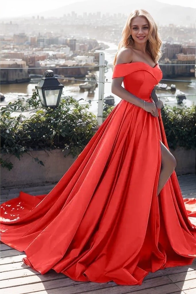 A-Line/Princess Sleeveless Off-the-Shoulder Ruffles Satin Court Train Prom Dresses
