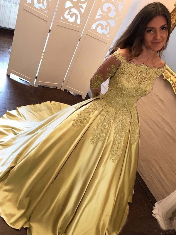 Ball Gown Long Sleeves Off-the-Shoulder Chapel Train Applique Satin Prom Dresses